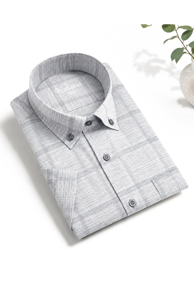 Men's Milano Gray Short Sleeve Shirt Soft Textured Fabric Pocket on Collar Buttoned