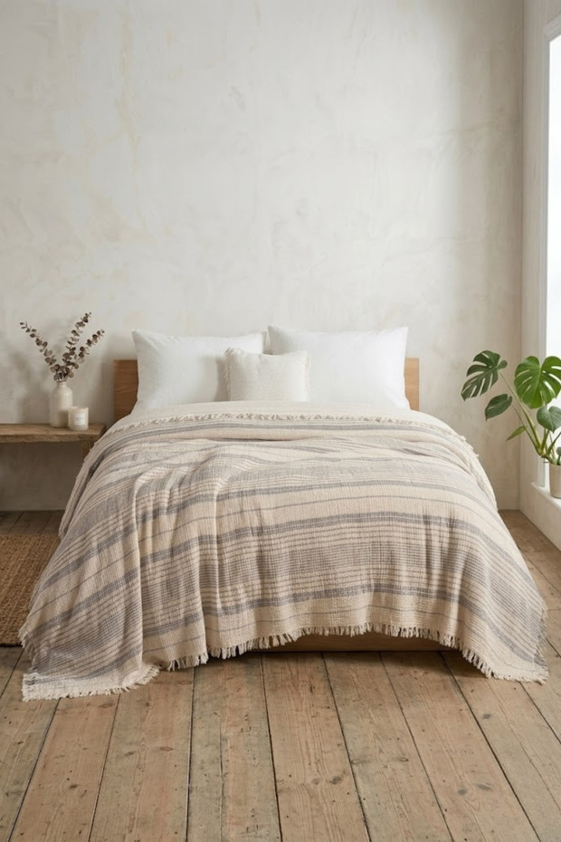 Double 4-Layer Muslin Bedspread 220X230 cm Buldan Handmade Striped Without Filling