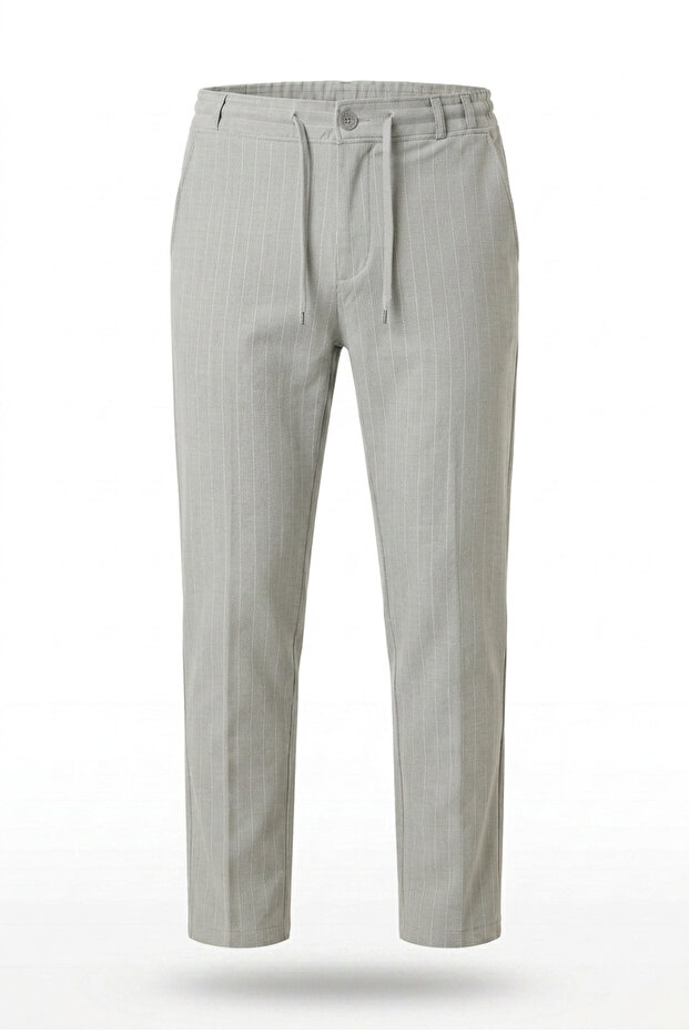 Men's Gray Striped Jogger Slimfit Patterned Buttoned Zipper Trousers