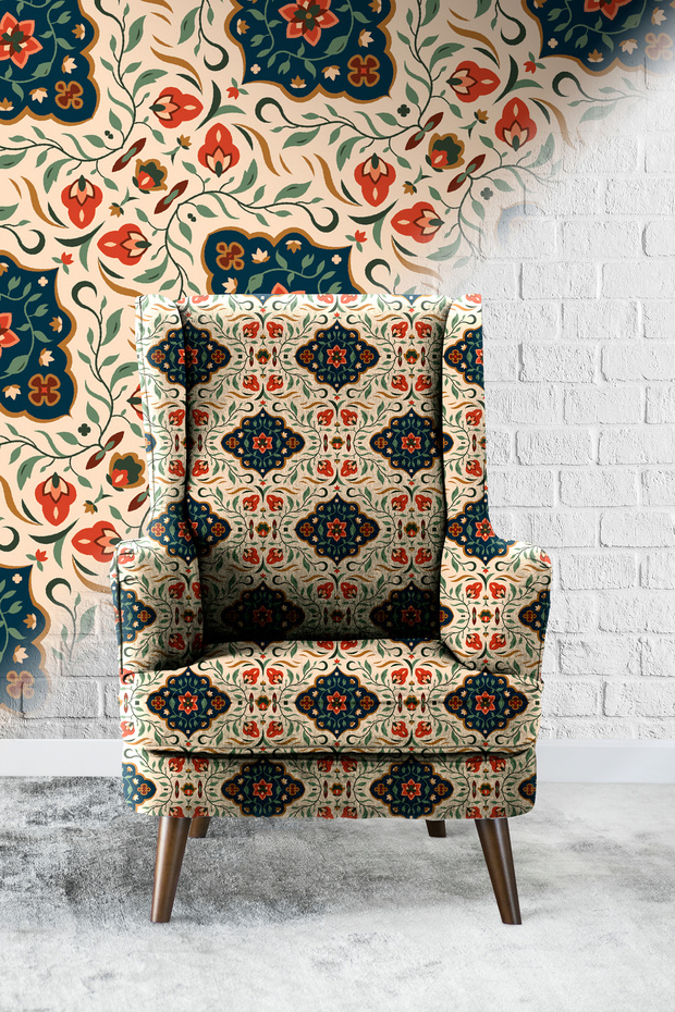 Ethnic Turkish Motifs-6 Digital Printed Upholstery Sofa Fabric, Good Quality That Does Not Stretch or Fade