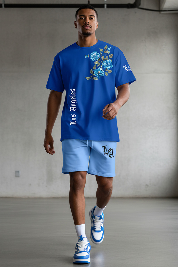 Men's Oversize Floral Printed 100% Cotton Crew Neck T-Shirt Shorts Summer Set