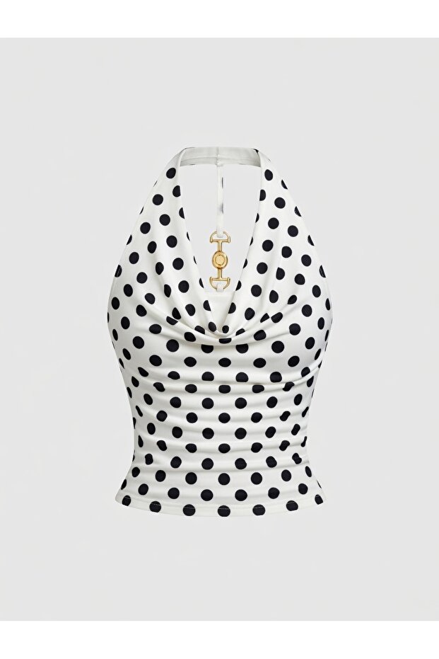 White Polka Dot Halter Neck Draped Crop Blouse Women's Blouse with Gold Accessory Detail