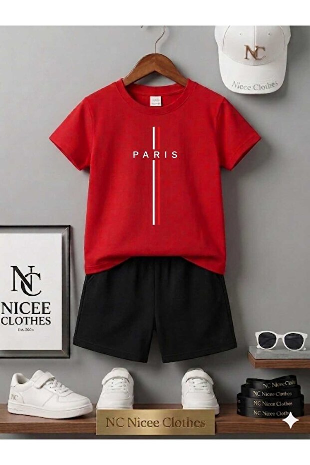 Summer Children's T-Shirt Shorts Unisex (Vertical Striped Paris Print)