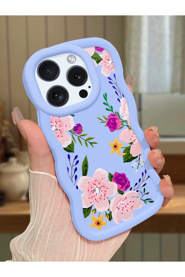 iPhone 14 Pro Max Compatible Case Camera Protector Blue Silicone Couple Phone Case Floral Pattern