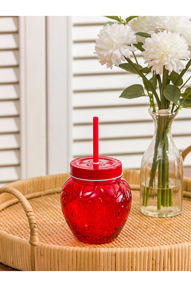 Red Strawberry Figured Glass Soft Drink Cup with Straw
