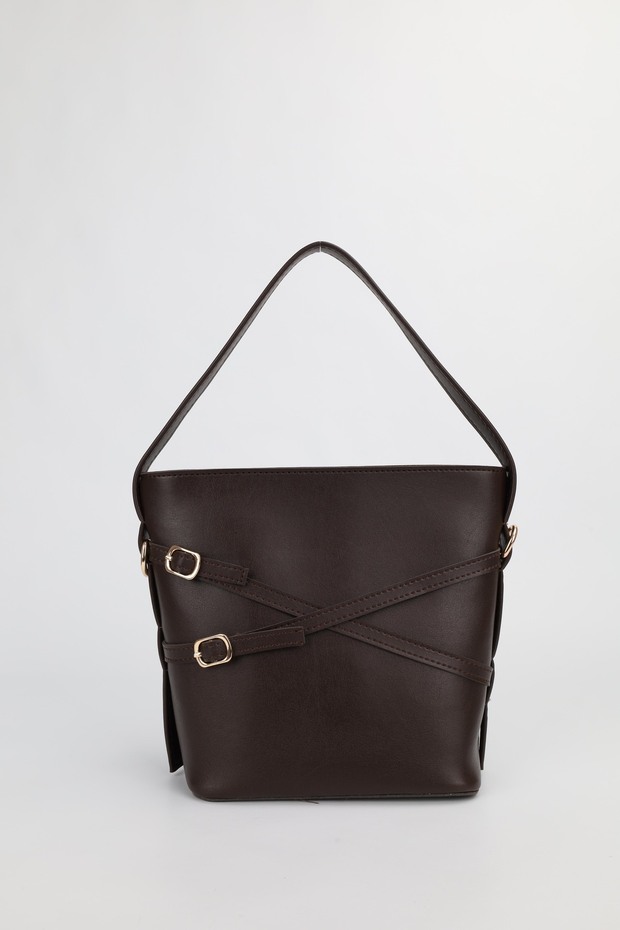 Women's Brown Double Belt Detailed Bucket Model Hand Shoulder Crossbody Bag Belle