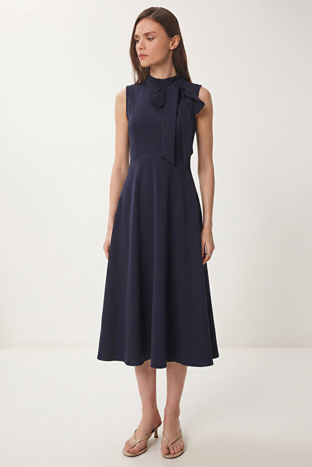 Scarf Detailed Midi Woven Dress Lnt0036 Dark Blue