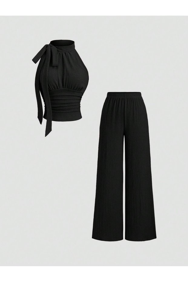 Black Halter Neck Crop Top with Chest Rose Detail and Wide Leg Bottom Set