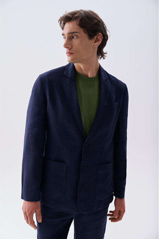 Men's Navy Blue Linen Blazer Jacket