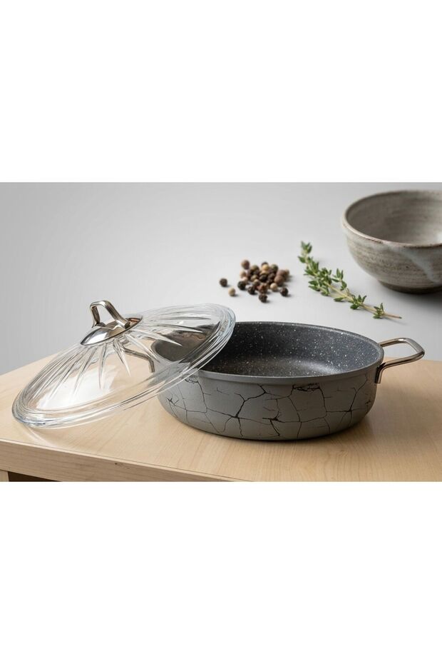 Granite Fireproof Non-Stick Flat Pot 26 cm / Gray Marble Patterned Casserole, Pilav Pot