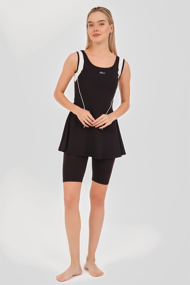 Semi-Closed Swimsuit with Tennis Straps, Short Tights, White Stripe Detail, Black 24903-26