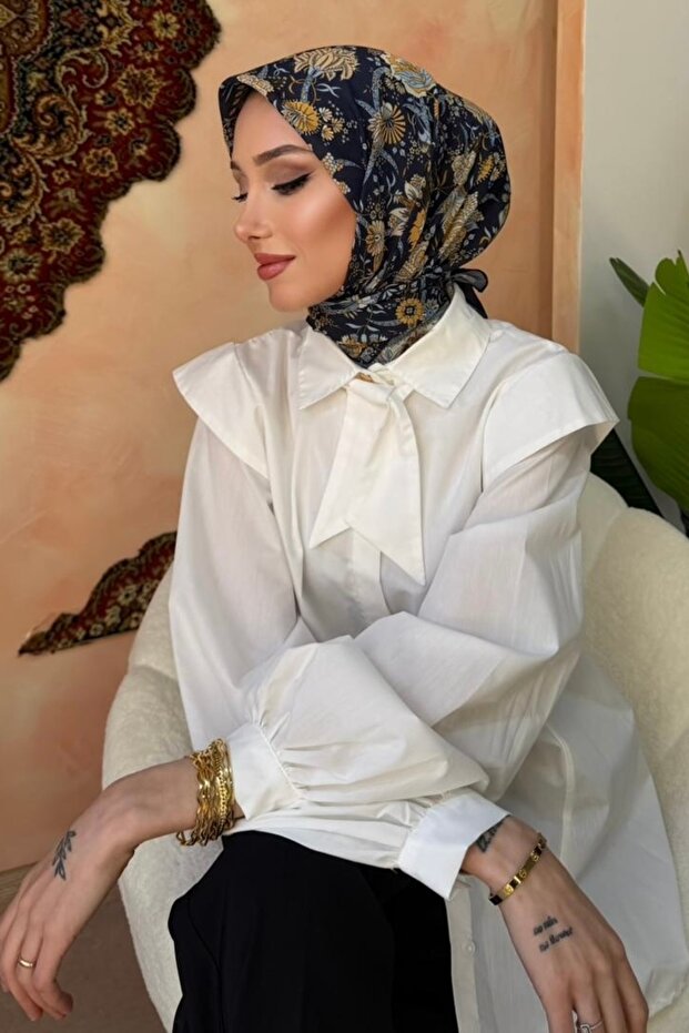 Navy Blue Patterned Soft Scarf
