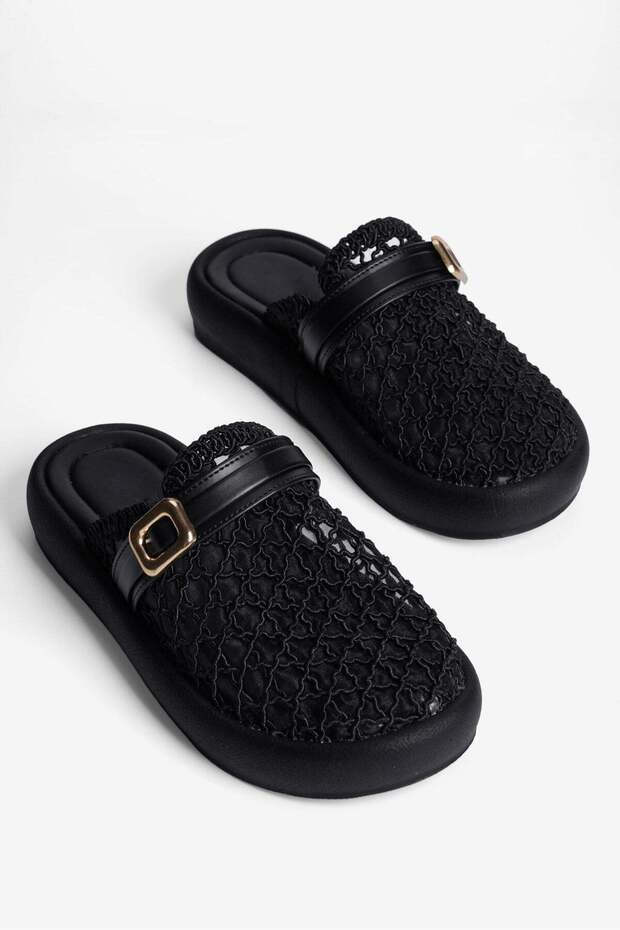 Women's Mesh Knitted Slippers with Gold Buckle, Daily Stylish Louria Black
