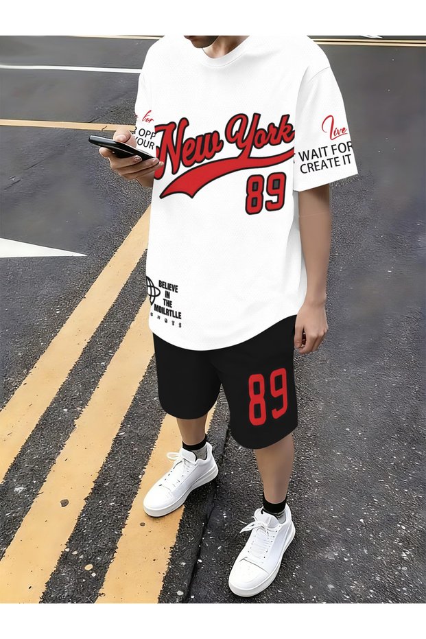 Men's Oversize New York 89 Printed T-Shirt Shorts Set 100% Cotton Streetwear