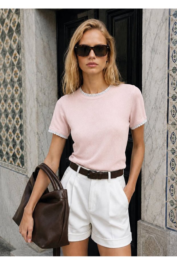 Short Sleeve Lace Detailed T-Shirt