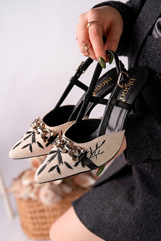 Embroidered Women's Heeled Shoes with Accessories