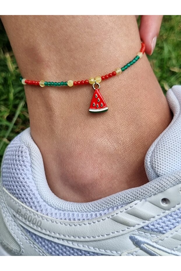 Natural Stone Anklet with Watermelon Figure | 2 mm Coral & Cat's Eye Stone