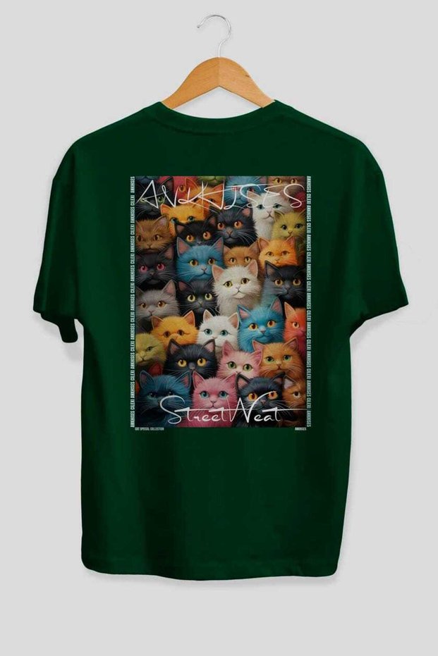 For the Love of Cats 19 Cats Printed Green Oversize T-Shirt 100% Cotton Unisex Cat Lover Premium Design