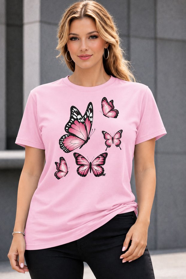 Women's Oversize T-Shirt Colorful Butterflies Printed 100% Cotton T-Shirt Comfortable Fit