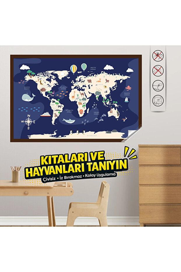 Animal World Map with Static Cling Feature 65X98 cm – Educational Wall Poster (Model-2)