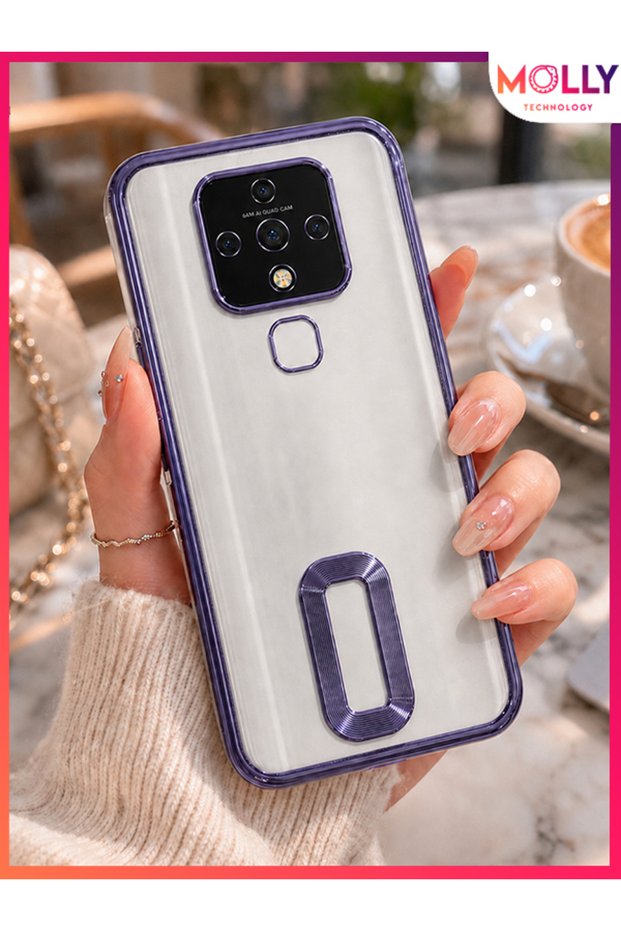 Lou Laser Clear Silicone Case for Tecno Camon 16 with Metallic Deep Purple Lens Protector on the Edge