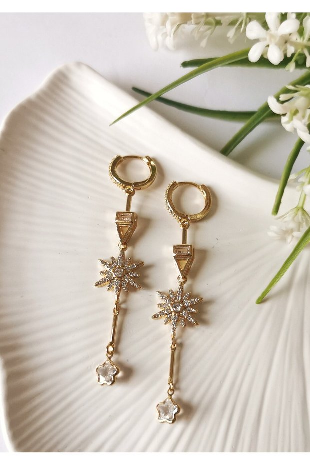 Gold celeste star detailed steel dangle earrings 1.5x7 cm
