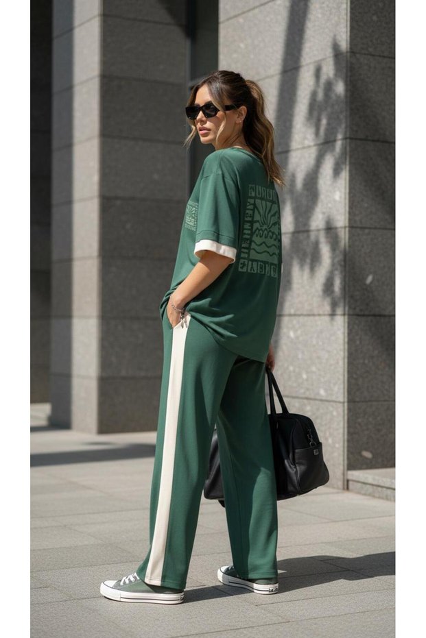 Green Viscose Two Strap Bands Oversize Pants Suit