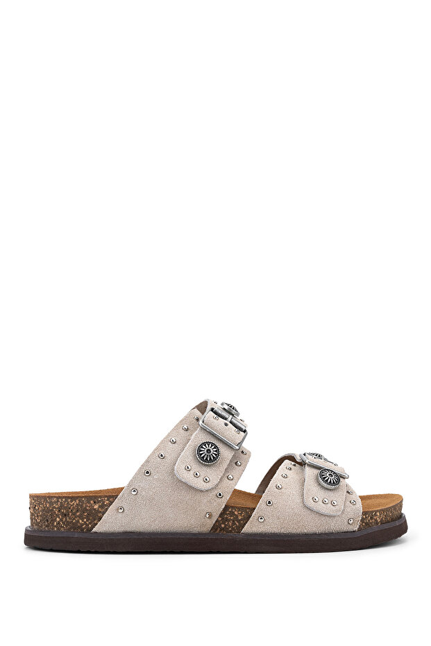 Women's Genuine Leather Beige Suede Flat Slippers
