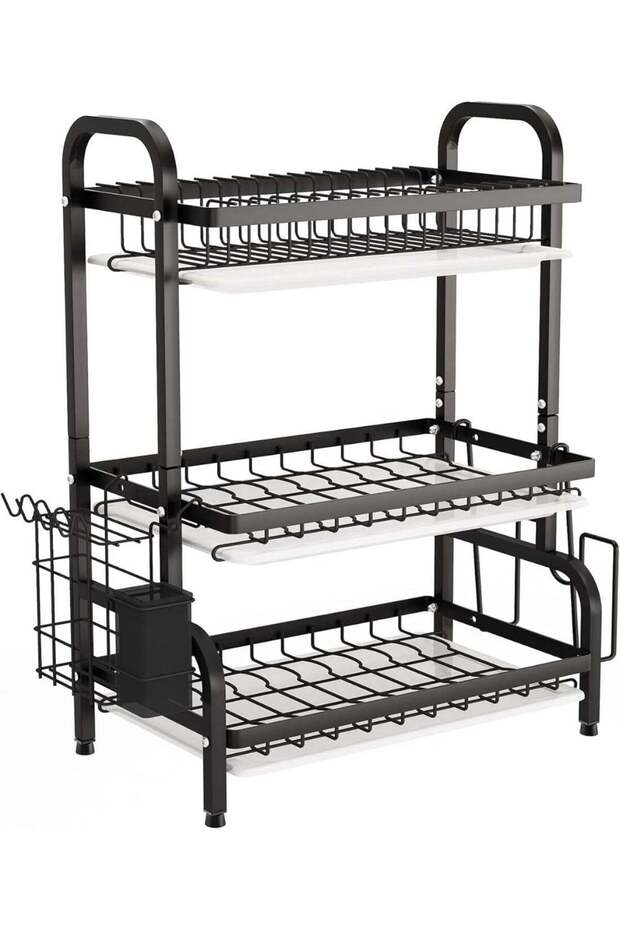Heavy Duty Kitchen Dish Rack Organizer, 3-Tier Metal Drying Shelf with Automatic Drain Trays, Large Capacity Dish Storage Solution for Modern Home Kitchen Countertops