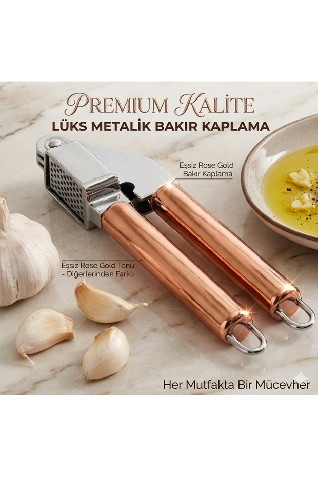 Premium Garlic Crusher, Rose Gold Copper Plated, Stainless Steel, Luxurious Metallic Finish, for Kitchen