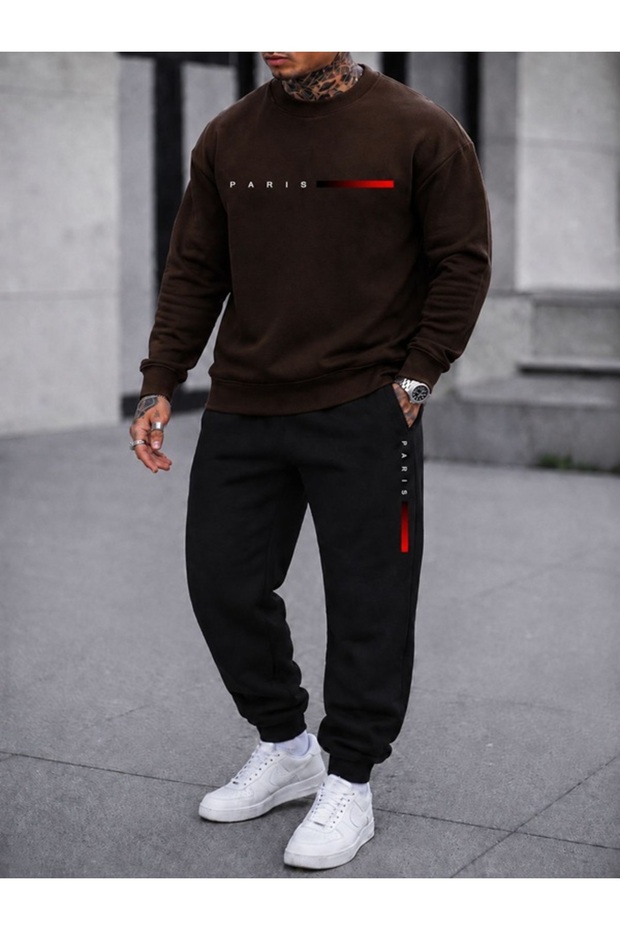 Unisex Wide Cut Zero Necklace Sweatpants Paris Red Striped Printed Suit