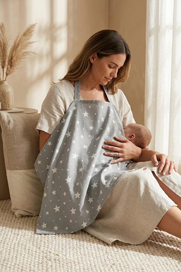 Stella Sapphire Gray Starry Cotton Nursing Apron - Breathable Fabric, Adjustable Neck Strap