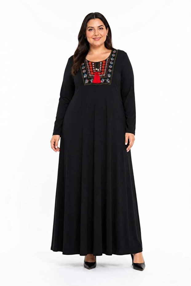 Women's Plus Size Black Kilim Pattern Collared Viscose Combed Cotton Stylish Dress