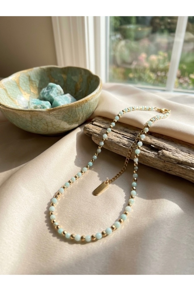 Amazonite Natural Stone and Steel Combination Necklace