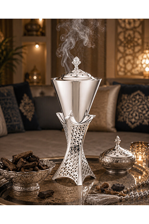 مبخرة بخور فضية فاخرة 30 سم بتصميم عصري أنيق – قطعة ديكور راقية لتعطير المجالس والمنازل✨