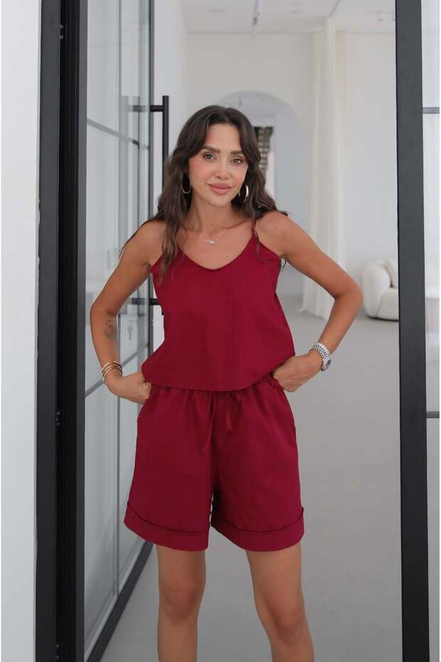Burgundy Riley Strap Blouse Shorts Linen Set