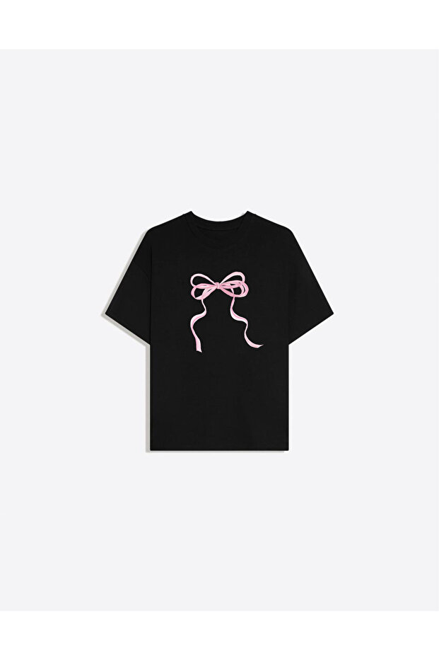 Thin Ribbon Printed Crew Neck Oversize Trendy Women's T-Shirt
