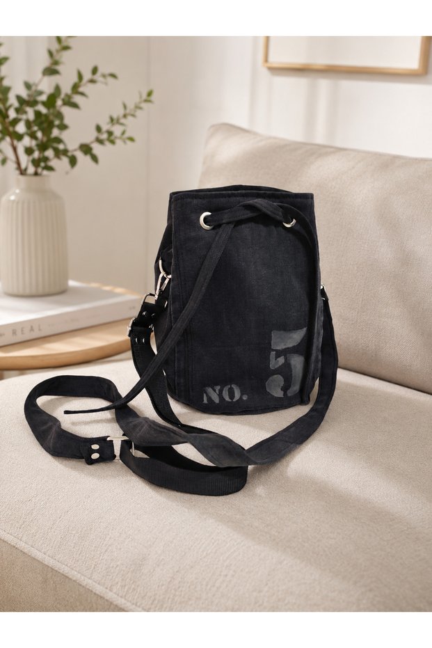 Black No:5 Printed Denim Design Checkered Lined Bag Model Shoulder Bag