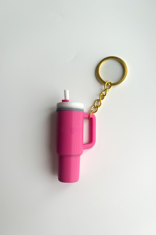 Quencher Thermos with Straw Pink Gold Chain Keychain