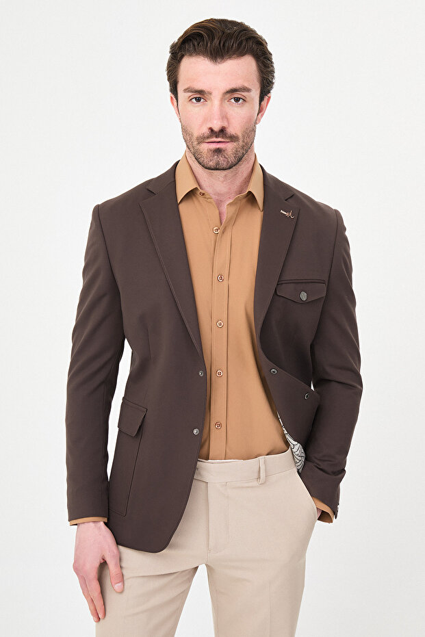 Straight Slim Fit Men's Jacket with Pockets and Snap Fasteners Brown - 41498.26Y