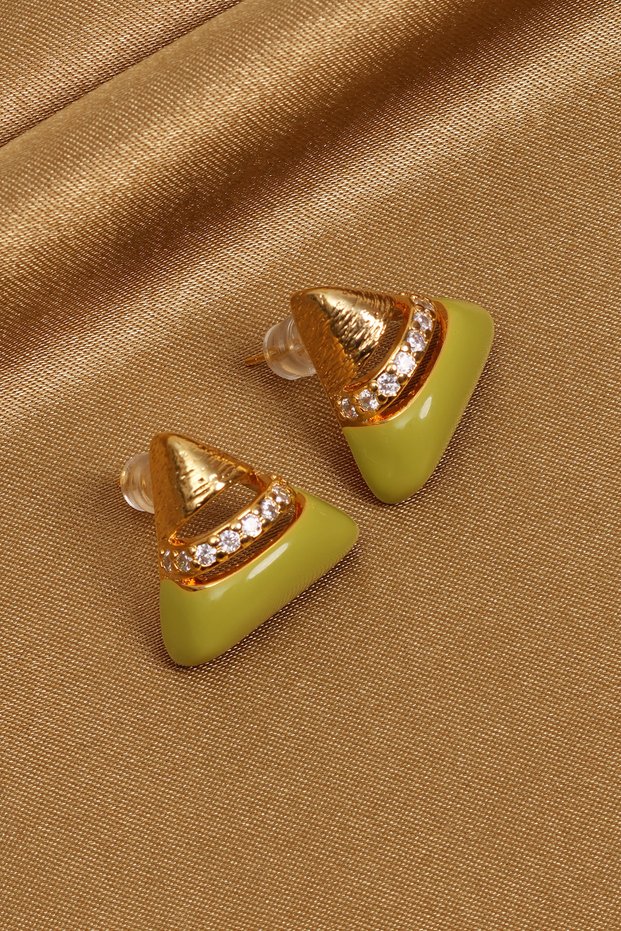 Green Enamel Gold Color Triangle Earrings with Stones in the Center