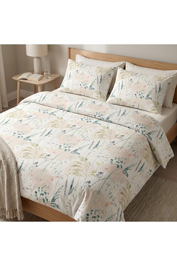 Makiteks 100% Cotton Pastel Floral Printed 240X220+2*(50X70) King Size Duvet Cover and Pillowcase