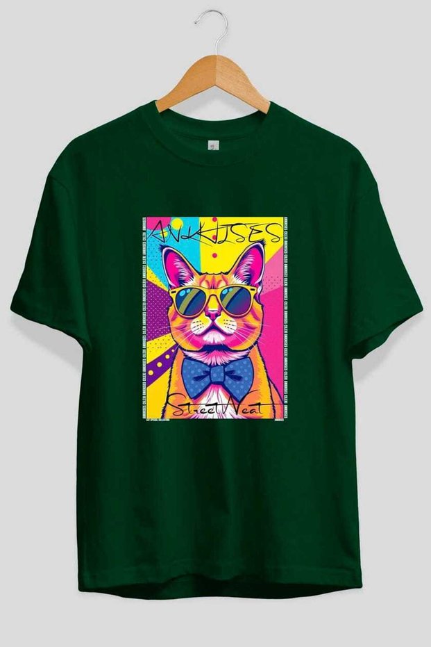 For the Love of Cats 123 Front Cat Printed Green Oversize T-Shirt 100% Cotton Unisex Cat Lover Premium Design
