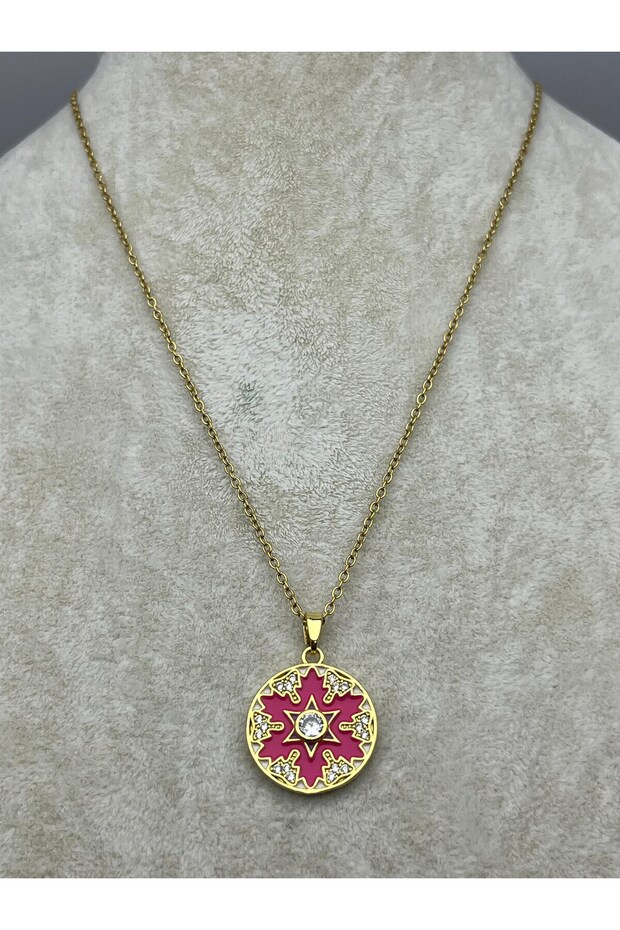 26Kly87 - Steel Burgundy Patterned Medallion Necklace