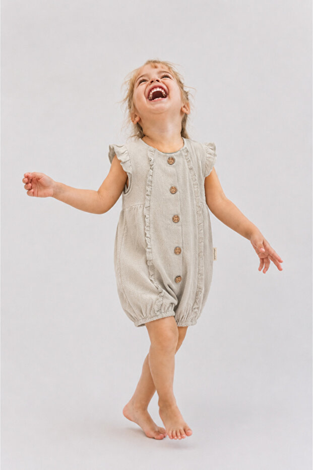 Ruffled Button Closure Linen Baby Romper