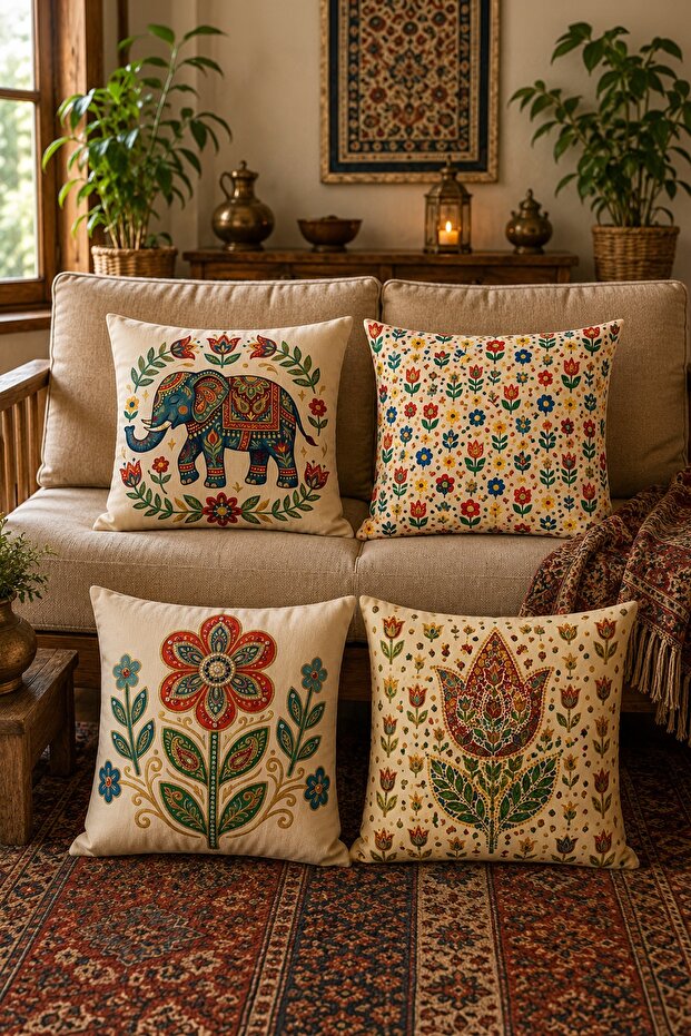 Elephant and Flower Patterned 4-Piece Throw Pillow Cover Set