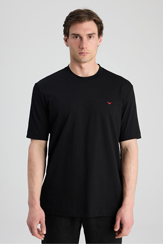 Ds Damat Regular Fit Black Embroidered 100% Cotton Single Jersey T-Shirt