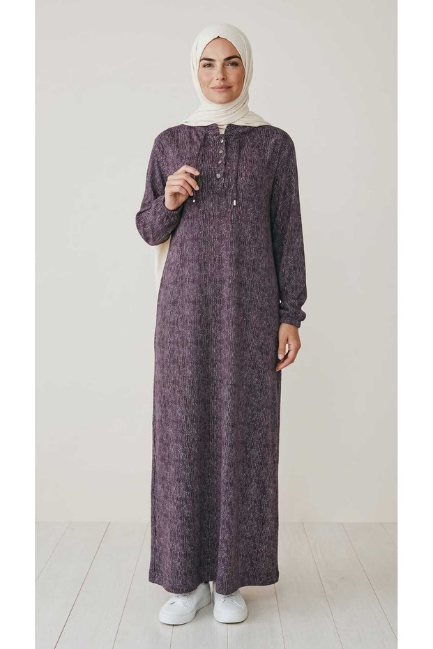 Women's Hakim Collar Dress with Buttons on the Front, Rope Detail on the Sleeves, Elasticized Sleeves, Patterned Dress