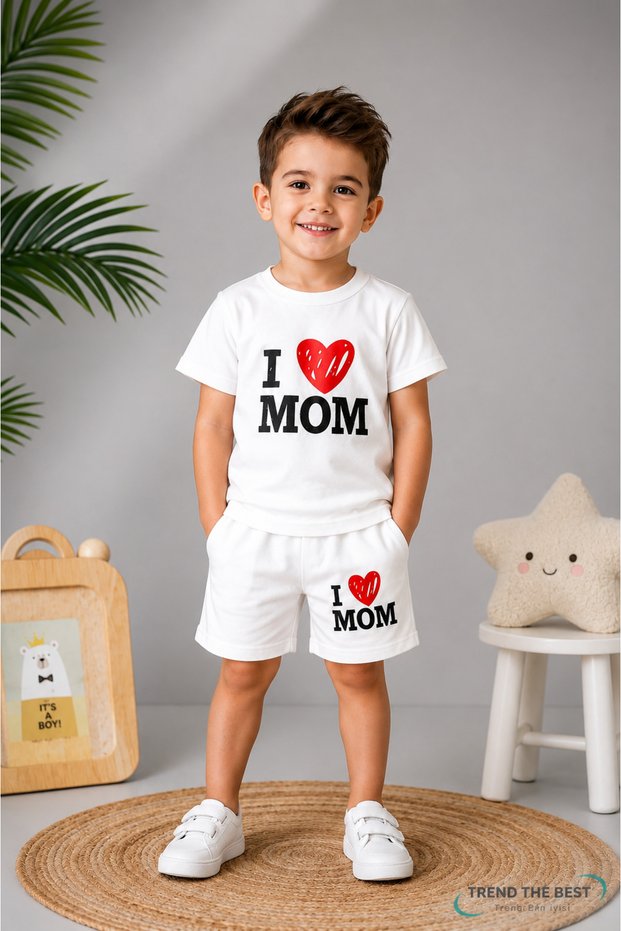 Summer I Heart Mom Printed White Shorts for Girls and Boys, White T-Shirt Set