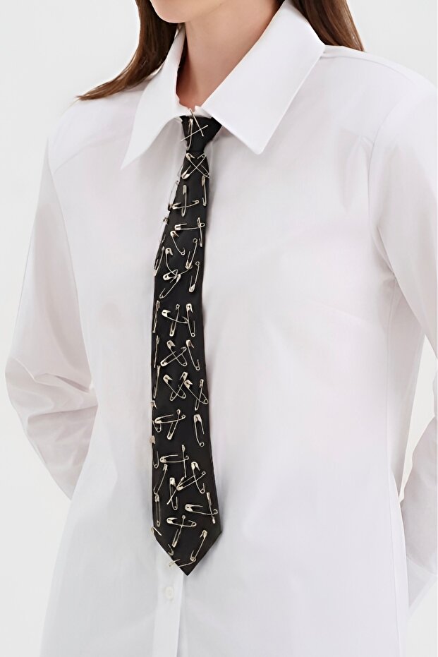Women's Safety Pin Detailed Adjustable Design Tie Standard Black